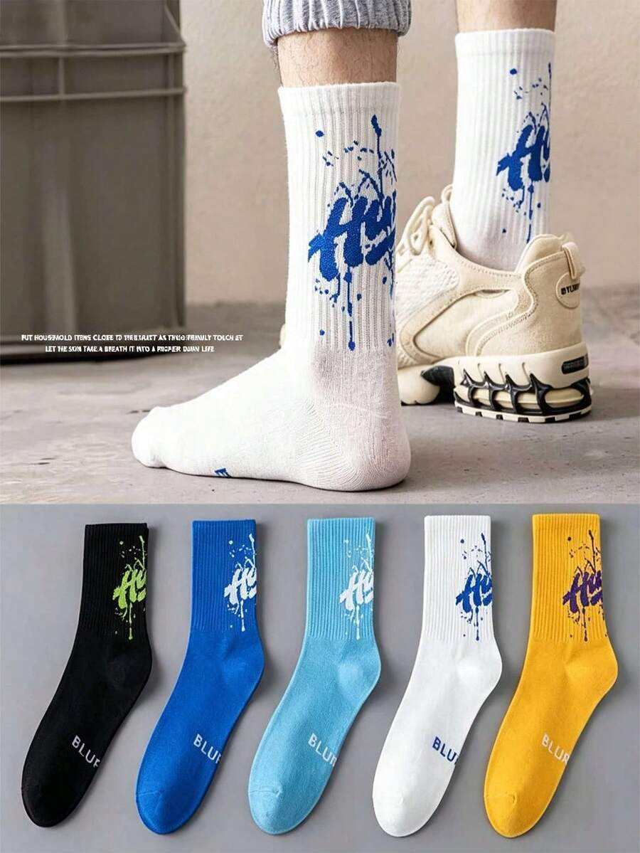 5 Pairs Street Style Splatter Graffiti Men's Mid-Calf Sports Socks, Street Fashion Breathable Sports Skateboard Socks - Multicolor - View 1
