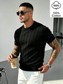 WAIT HIM 100% Cotton Men's Casual Spring/Summer Solid Color Knit Short Sleeve Top - Black - View 6