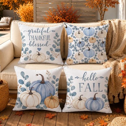 4pcs Minimalist Autumn Watercolor Blue Pumpkin Pattern Cushion Covers, Single-Sided Printed Skin-Friendly Peach Skin Velvet Material, 45*45CM Throw Pillow Covers Suitable For Room Decor, Indoor Sofa Living Room Decor, Party Decoration, Decorative Cushion Covers Gift