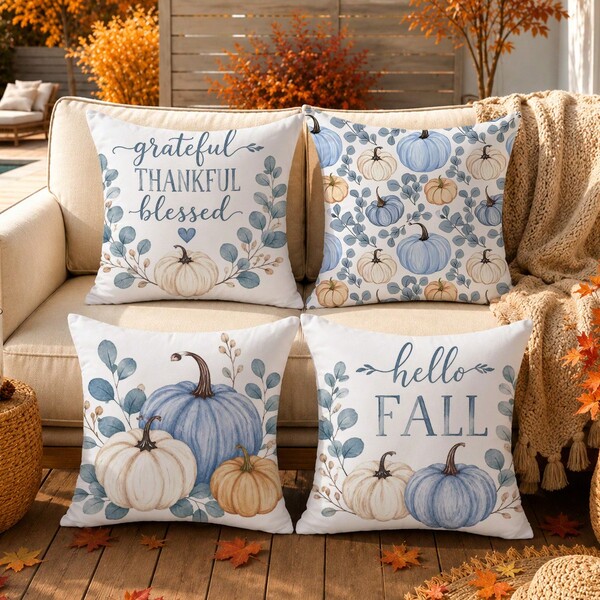 4pcs Minimalist Autumn Watercolor Blue Pumpkin Pattern Cushion Covers, Single-Sided Printed Skin-Friendly Peach Skin Velvet Material, 45*45CM Throw Pillow Covers Suitable For Room Decor, Indoor Sofa Living Room Decor, Party Decoration, Decorative Cushion Covers Gift