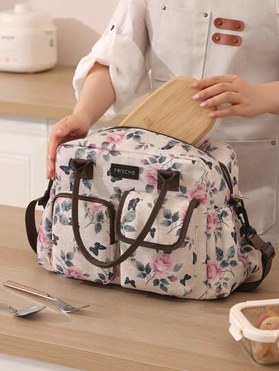Women's Fashion Floral Pattern Insulated Lunch Tote Bag, Large Capacity Portable Mommy Bag, Waterproof Multi-Pocket Insulated Lunch Bag (With Adjustable Shoulder Strap) Multi-Functional Cold/Hot Bento Bag, Suitable For Work, School, Picnic And Outdoor Camping Back To School Use