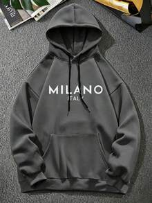 Plus Size Men's Fashion Milan English Graphic Print Casual Pocket Drawstring Hoodie Sweatshirt, Perfect For Daily, Street, Sports, College, Outdoor Wear - Dark Grey - View 2