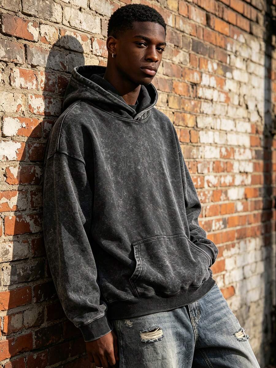 Men's Hooded Sweatshirt 400G, Heavyweight Loose Fit Hoodie, Solid Color Unisex Style, Fall & Winter Casual Wear, Couple Matching Clothing, Winter OOTD - 黑色 - 查看 1