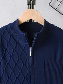 Boys' Simple Argyle Patchwork Half-Zip Mock Neck Long Sleeve Knit Sweater, Textured Casual Pullover, Versatile For Daily Wear, School, Spring, Autumn, Winter - Navy Blue - View 4