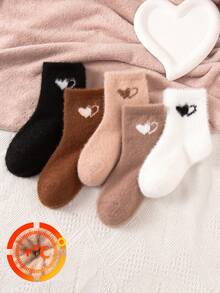 5 Packs Of Children's Plush Warm Mid-Calf Socks, Earth-Toned Heart Pattern, Soft And Comfortable, Warm Children's Casual Home Socks For Winter. - Multicolor - View 2