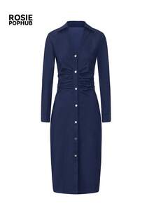 ROSIE POPHUB Women Blue V Neck Long Sleeve Faux Denim Elegant Midi Dress Ruched Waist Slim Fit Work Daily Going-Out Shirt Dress For Fall & Winter - Blue - View 8