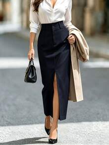 DONICY Women's Navy Blue High Waist Double Button Front Slit Midi Blazer Skirt, Straight Elegant Commuter Office Skirt, Suitable For Spring And Autumn - Royal Blue - View 1