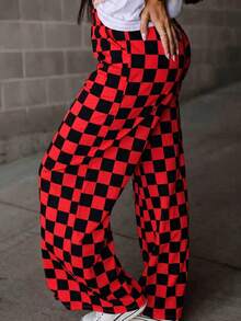 Women's Fashionable Minimalist Checkerboard Print Casual Pants, Personalized Niche Loose Wide Leg Pants Suitable For Work, Commute, Office, Travel, Party, School, Home, Daily Wear, Versatile - Red - View 2