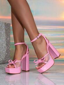 Women's Thick Platform Pink Square Toe High Heel Sandals, Glamorous Party Slippers - Pink - View 5