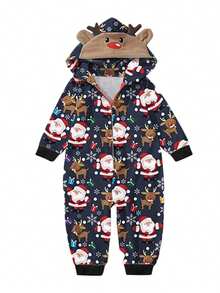Family Matching Christmas Jumpsuits Pajamas Letter/Santa/Tree/Print Hooded Long Sleeve Playsuits Autumn Zipper Long Rompers - Blue Baby - View 2