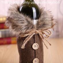 Rustic Vintage Style, Linen Fabric, Cylindrical Shape, Faux Fur Collar, Wooden Buttons And Pom Pom Decoration, Decorative And Protective Function, Wine Bottle Sleeve, Suitable For Christmas, Holiday Dinner, Home Kitchen, Party And Winter Scenes - View 8