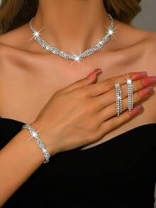 Luxury High-End Multi-Layer Full Rhinestone Necklace 3 Pieces Set, Bridal Wedding Banquet Party Dress Full Accessory Set - 499801 Silver-hB - View 5