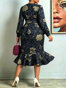 Setelan 2 Potong Ukuran Plus, Atasan Ruffle Motif Bunga + Rok Midi Ruffle Model Duyung, Menawan untuk Bentuk Tubuh Berlekuk, Dengan Saku yang Elegan - Royal Blue - View 3