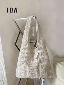 Women's Crochet Handbag, Hollow Out Solid Color, Vacation Style, Suitable For Shopping And Outings. - Beige - View 1