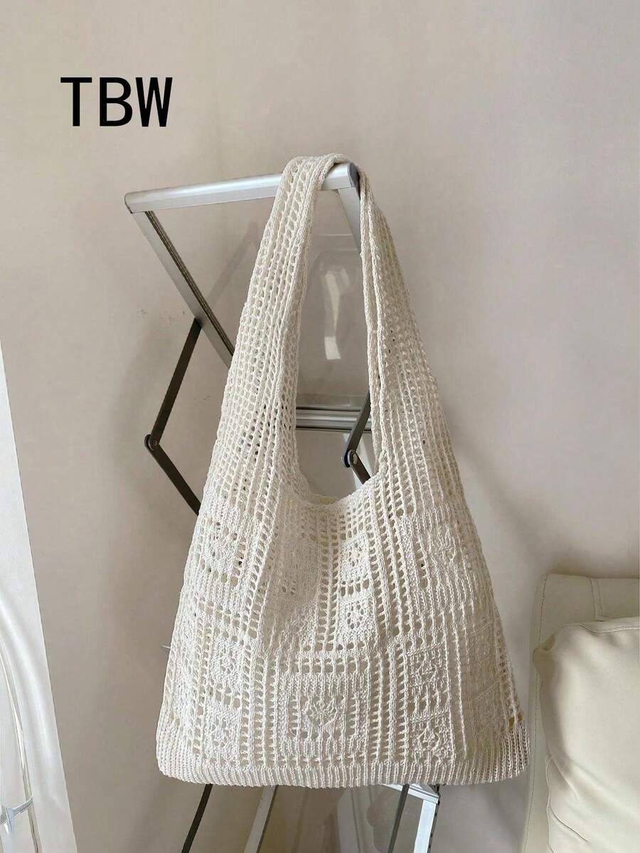 Women's Crochet Handbag, Hollow Out Solid Color, Vacation Style, Suitable For Shopping And Outings. - Beige - View 1