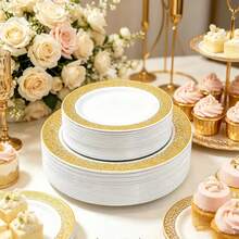 1/20/25/50pcs Luxury Gold Floral Hollow Rim Round Plate Set, Large Capacity Stackable Packaging, Elegant Gold Hollow Lace Design, Great For Photography And Atmosphere, Suitable For Theme Parties, Outdoor Gatherings, Store Events, Home Dinners, Bulk Purchase Party Decoration Plates - White With Gold Trim - View 1