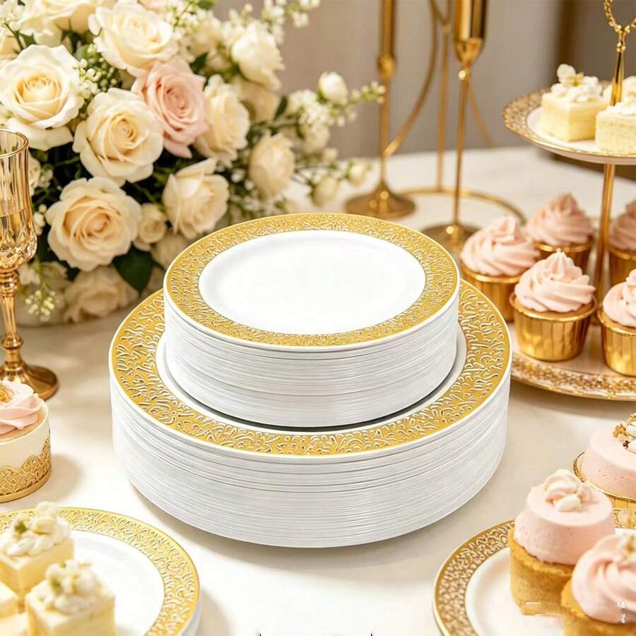 1/20/25/50pcs Luxury Gold Floral Hollow Rim Round Plate Set, Large Capacity Stackable Packaging, Elegant Gold Hollow Lace Design, Great For Photography And Atmosphere, Suitable For Theme Parties, Outdoor Gatherings, Store Events, Home Dinners, Bulk Purchase Party Decoration Plates - White With Gold Trim - View 1