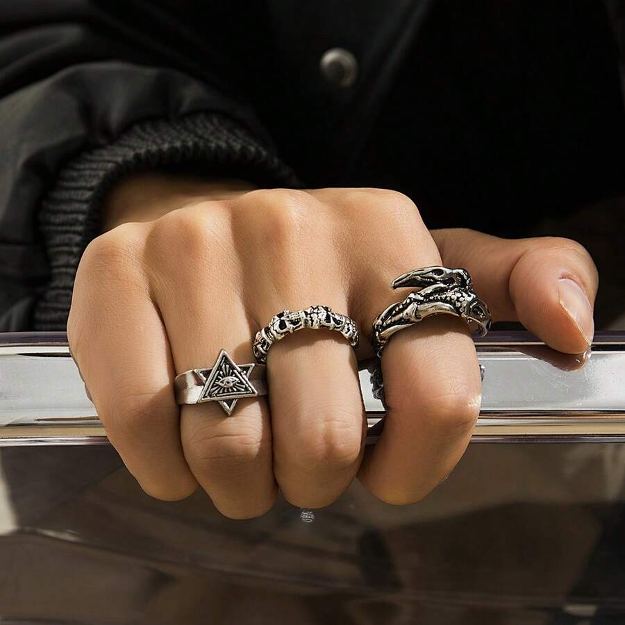 European & American Retro Hexagram Ring Set, Men's Hip Hop Fashion Personalized Premium Finger Rings, Men's Hand Jewelry - Men's Hexagram Ring Jewelry - View 1