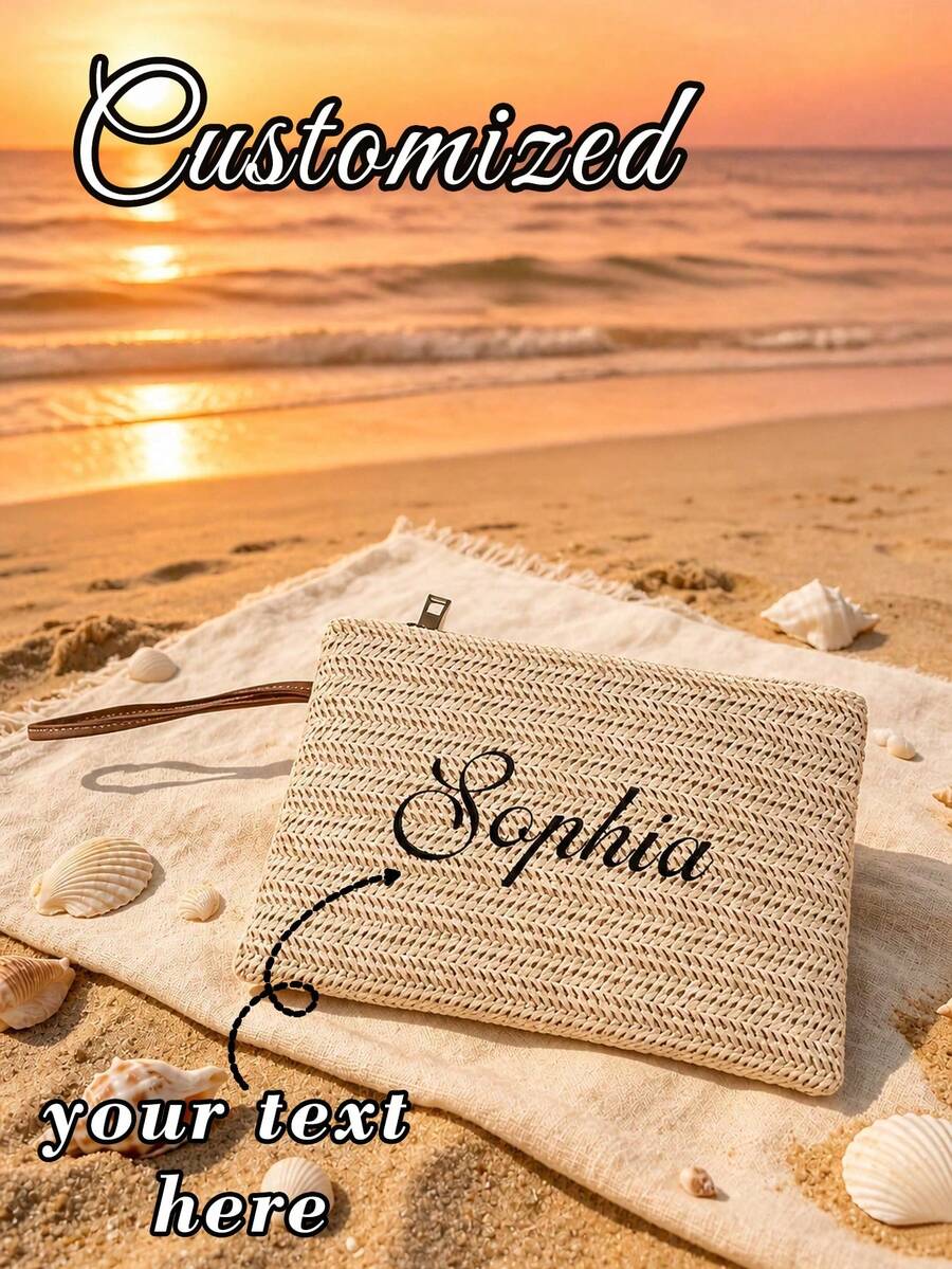 Personalized Embroidered Straw Handbag, Customized Bohemian Style Zipper Storage Bag With Wrist Strap And Zipper, Bridesmaid Makeup Bag, Summer Beach Vacation Clutch
