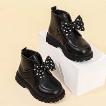 1 Pair Girls' Ankle Boots, Cute Polka Dot Bow Decor, Scalloped Edge Stitching, Hook And Loop Strap, Thick Textured Sole, Children's Boots, Suitable For Autumn/Winter, Daily, School, Party, Holiday Performance - Black - View 5