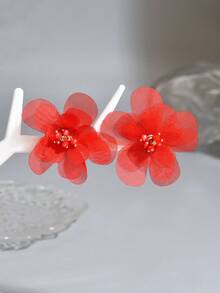 1 Pair Women's Elegant Floral Fabric Long Earrings, Suitable For Daily Wear - Red - View 5