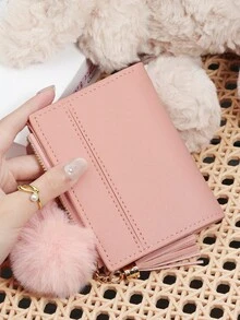 Ladies' Fashionable Short Zipper Wallet, With A Pom-Pom Charm, Portable Card Wallet With Tassel Decoration, Suitable For Daily Storage And Travel - Lilac Purple - View 15