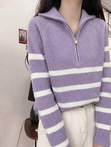 女款拼色條紋拉鍊半開襟翻領長袖針織毛衣 - 淡紫色 - 查看 5