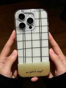 1件耐衝擊極簡黑色線條格紋拼接咖啡色法式手寫文字保護殼，中性設計，適合日常通勤休閒聚會，精美節日禮物選擇，相容 iPhone 11 12 13 14 15 16 17 Pro Max - 彩色 - 查看 2