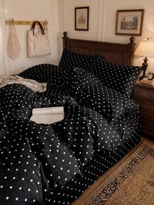 2/3-teiliges Bettbezug-Set mit schwarz-weißem Polka-Dot-Muster, ohne Bettdecke, ultraweich und atmungsaktiv für alle Jahreszeiten, 1 Bettbezug mit 1/2 Kissenbezügen, zweifarbig, maschinenwaschbar, Twin/Full/Queen/King-Größe, Schlafzimmer- und Studentenwohnheim-Bettwäsche zum Schulanfang - Schwarz - Übersicht 2