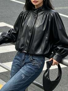 Women's Autumn Elegant Harrington G9 Style Leather-Look Jacket, Short Jacket With Ruched Cuff Design, Suitable For Commuting, Casual, Halloween Holiday - Black - View 8