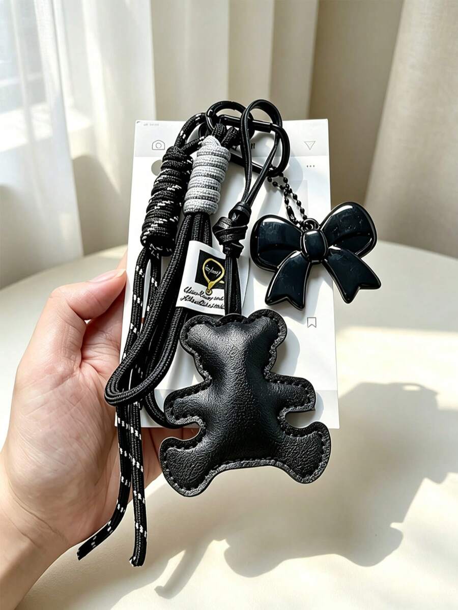 Vintage Faux Leather Bear Bag Charm Keychain, Cute Heart Pendant Braided Rope Handbag Accessory, Y2K Retro Aesthetic Backpack Charms For Women Girls - Multicolor - View 1