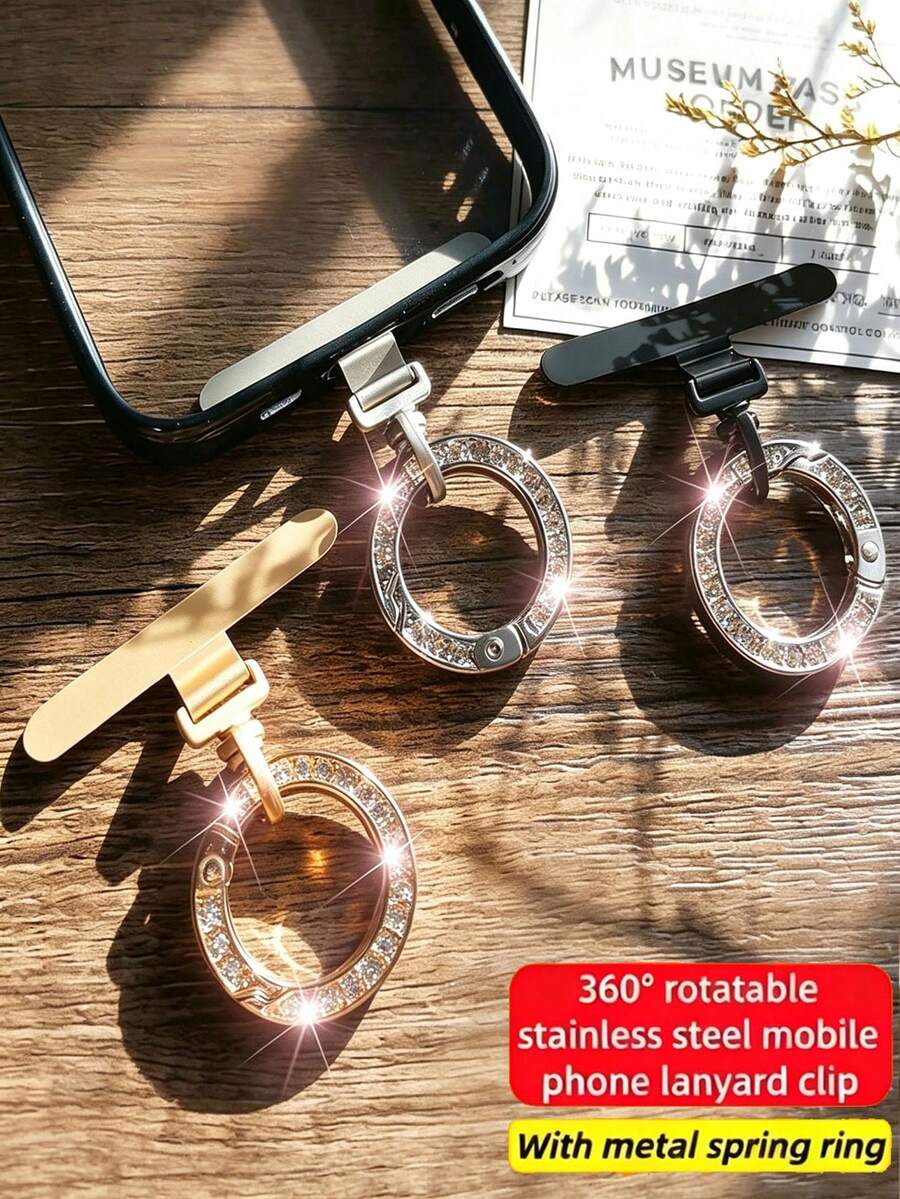 1pc/3pcs 2-In-1 360° Rotating Stainless Steel Ultra-Thin Phone Lanyard Clip Connector + Metal Rhinestone Round Spring Ring, Anti-Drop Finger Strap Phone Charm Decor, DIY Creative Personalized Fashion Phone Lanyard Connector, Phone Case Back Adhesive Pad Fixed Bracket Universal Phone Accessory