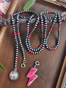 1pc Western Style Lightning Pendant Long Beaded Necklace, Vintage Y-Shaped Water Drop Colorful Rhinestone Pendant, Women's Layering Accessory, Multicolor - Necklace - View 9