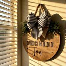 Covered By The Blood Of Jesus Sign, Artificial Wood Religious Housewarming Gift With Door Hanging Decoration, Suitable For Home Decor, Front Door Scripture Display, Church Or Home Entrance Prayer Reminder, Faith-Based Design, Handmade Appearance, Faith-Based Gift - Multicolor - View 2