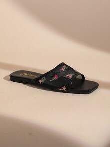 French Floral Mesh Square Toe One-Strap Flat Slide Sandals For Women, Summer Outdoor Wear, Fairy Style Vacation Slippers - Black - View 4
