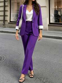 Women's Spring & Autumn Casual Commuter High-Quality Striped Contrast Color Splice Cuffed 3/4 Sleeve Blazer And Straight Leg Pants Suit - Purple - View 2