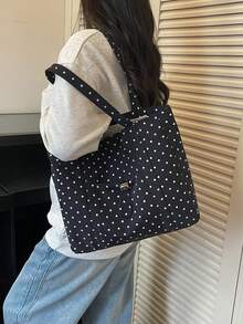Tas Belanja Serut Kapasitas Besar Motif Polkadot - Hitam - View 5