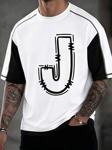 Men's Classic Fashion English Letter Patchwork Raglan Sleeve Loose Short Sleeve T-Shirt, Summer Wardrobe Essential T-Shirt - White - View 8