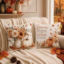 Autumn Vintage Pumpkin Floral Cushion Cover 4pcs Set, Single-Sided Printed Peach Skin Velvet Polyester Material, 45*45CM/18*18inch Pillowcase Suitable For Room Decoration, Modern Minimalist Sofa Living Room Decor, Gift Giving, Party Decoration - Multicolor - View 6