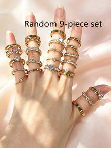 3/6/9/12pcs Elegant Stainless Steel Women's Ring Set, Rhinestone English Letter Round Zirconia Matte Multi-Style Stackable Rings, Suitable For Daily Commute, Dating, Confession, Engagement, Wedding Gift, Gentle Accessory, Random Style And Size - Gold - View 11
