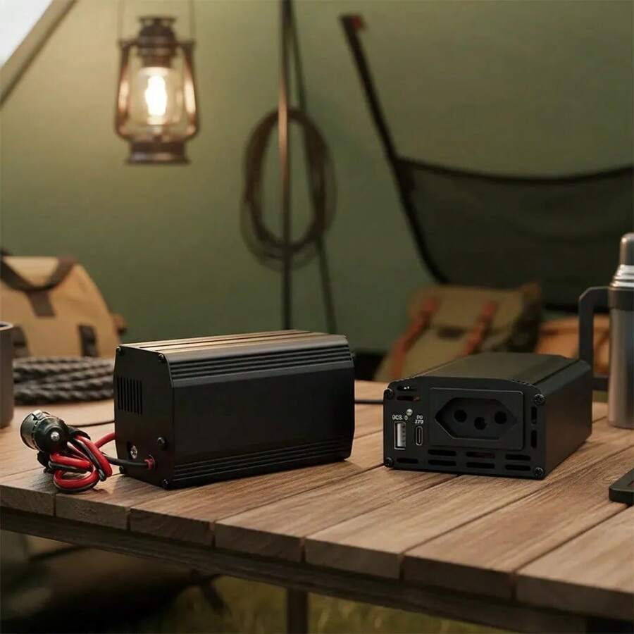 Inversor de tensão veicular 600VA conversor 12V para 110V com tomada padrão brasileiro porta USB QC3.0 e PD Type C carregamento rápido fonte portátil para carro acampamento atividades externas e emergências  C - A - Visão 1