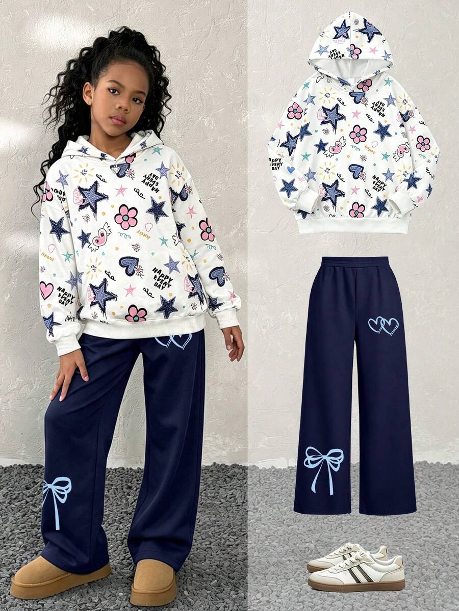 2pcs Girls All-Over Print Hoodie & Minimalist Casual Wide Leg Pants Set, Comfortable Cool Fashion Outfit, Suitable For Autumn/Winter - Multicolor - View 1