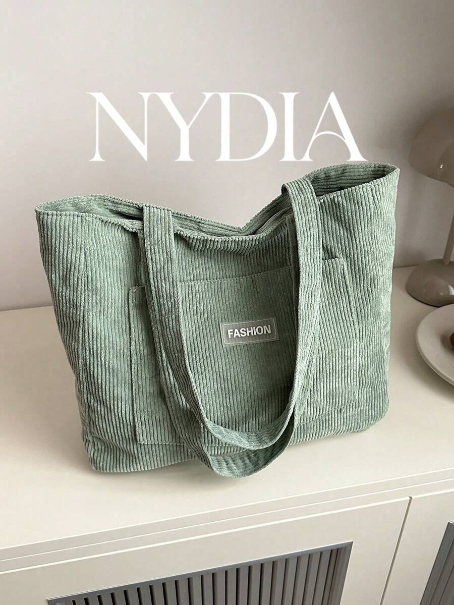 Large Capacity Solid Color Simple Corduroy Tote Bag - Mint Green - View 1