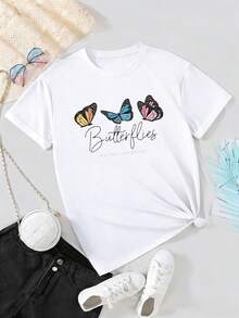 Soft And Comfortable Young Girls Short-Sleeve T-Shirt, Butterfly And Letter Print, Crew Neck Casual Style, Suitable For Daily Wear, Butterfly Pattern Print - White - View 2