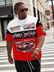 Plus Size Men's Colorblock Racing Print Crew Neck T-Shirt, American Motorcycle Loose Fit Short Sleeve, Plus Size Red White Black Patchwork Racing Slogan T-Shirt, Sports Casual Top, Plus Size SPEED Racing Motorcycle Loose Fit Crew Neck Short Sleeve - Multicolor - View 2
