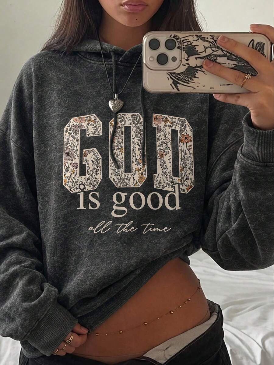 Women Vintage Washed Graphic Hoodie, Casual Oversized Pullover For Fall Winter Black - Black - View 1