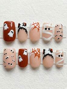 Halloween 24pcs Short Square Press-On Nails, Spider Web, Ghost, Patchwork Net, Mummy Pattern Design, Acrylic Material Set Includes: 1pc Jelly Glue And 1pc Nail File - Multicolor - View 2