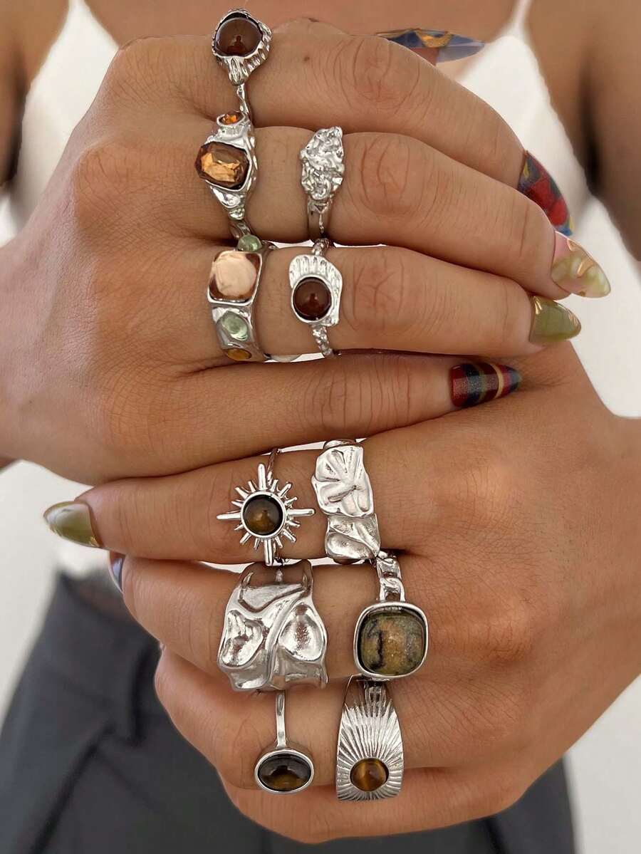 11/6/5pcs Vintage Old Money Style Pleated Texture Faux Gemstone Ring Set, Suitable For Women's Daily Wear - Silver - View 1