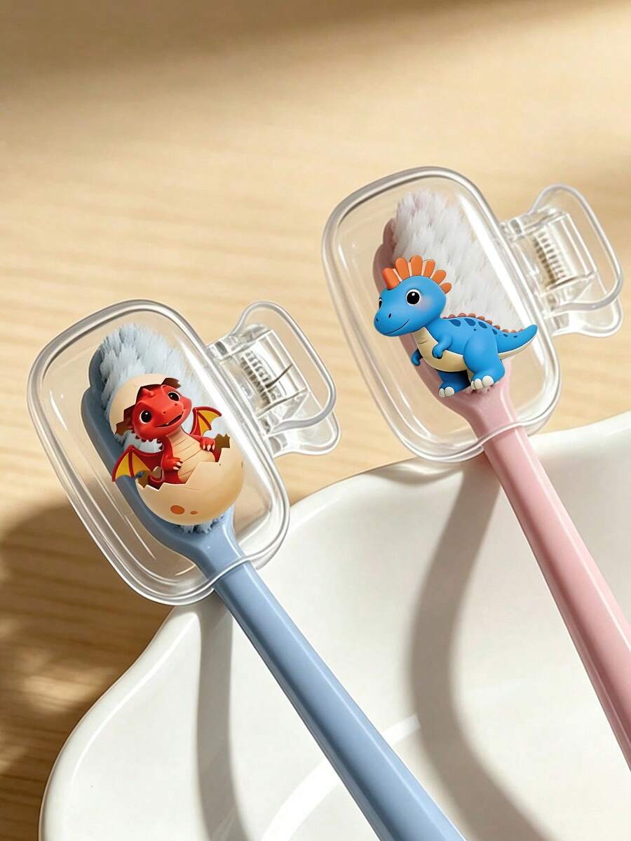 Set Pelindung Sikat Gigi Portabel Motif 2D Seri Dinosaurus dengan Kotak Penyimpanan, Pelindung Sikat Gigi Hemat Ruang dan Ringkas, Pendamping yang Tepat untuk di Rumah dan Perjalanan Bisnis, Mencegah Debu, Noda Air, dan Bau Kamar Mandi - MultiWarna - View 1