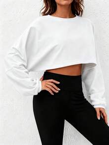 2pcs/Set Women's Solid Color Round Neck Long Sleeve Cropped Knit Pullover, Casual Fashion Sweatshirt - Black + White - View 3